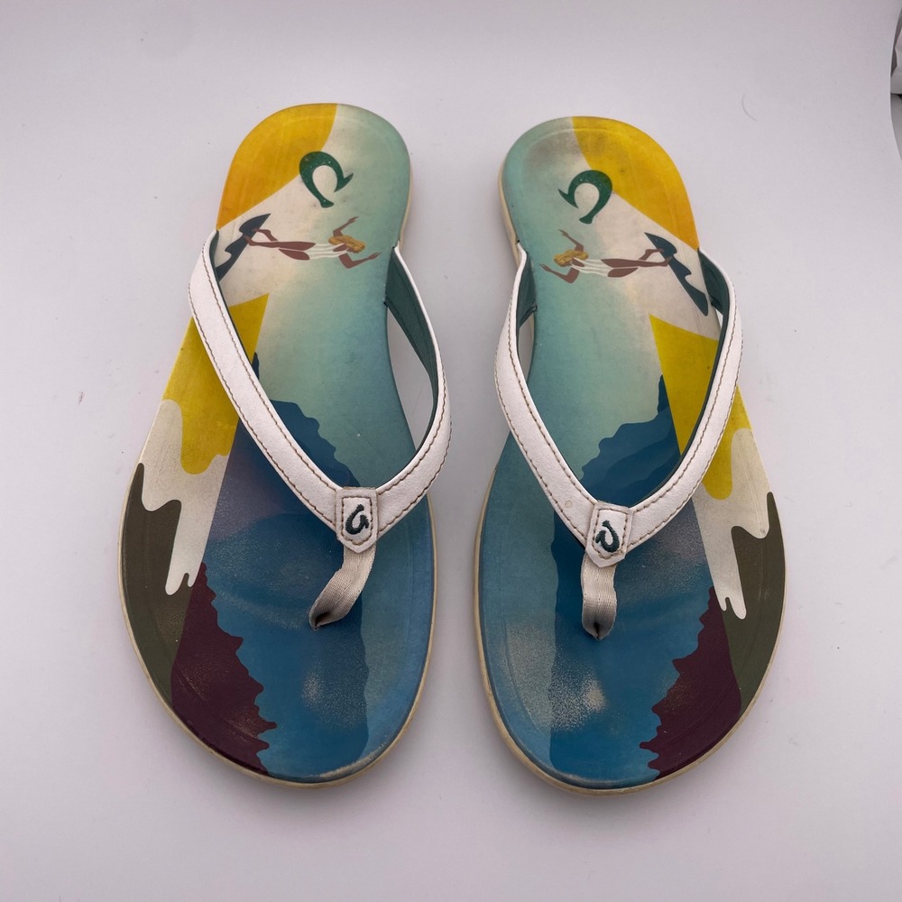 Olukai Hoopio Flip Flops Womens‎ White Multi Color Island Graphic Sandals 11